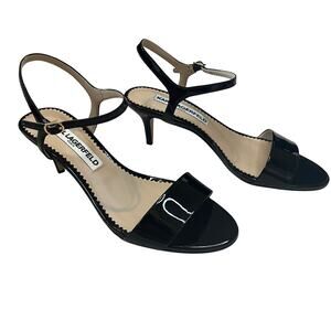 Karl Lagerfeld Paris Demas Black Patent Leather Ankle Strap Sandal Heels Size 6